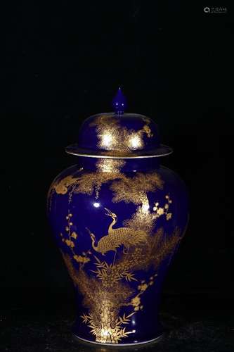 A Porcelain Blue Glaze Gilt Crane Vase Jar