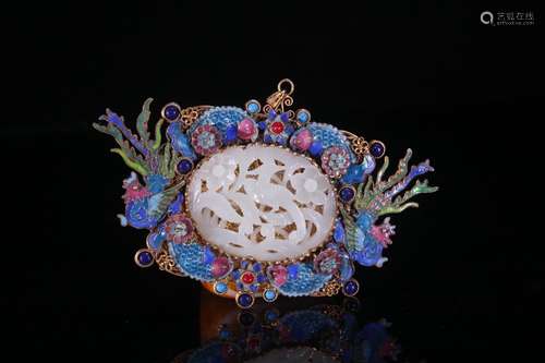 A Gilt Silver Enameling Blue Hetian Jade Pendant