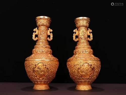 Pair Of Gilt Bronze Floral Pattern Vases