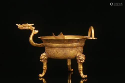 A Gilt Bronze 3-Leg Dragon Carvd Cup