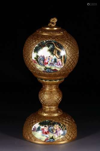 A Gilt Bronze Enameled Gilding Story Carved Ornament