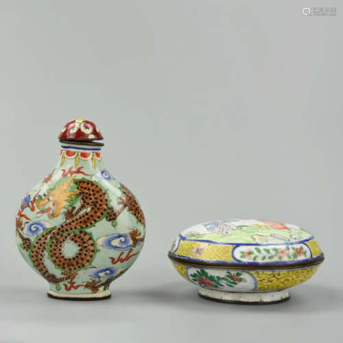 BRONZE ENAMELED PAINTED PORCELAIN SNUFF BOTTLE AND COVER BOX