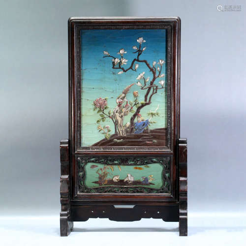 A GEM INLAID FLOWER & BIRD MOTIF ROSEWOOD TABLE SCREEN