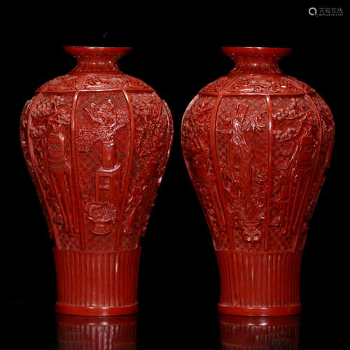 A PAIR OF FLOWERS CARVED RED LACQUER MEIPING VASE