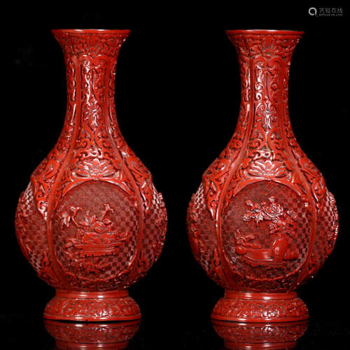 A PAIR OF FLOWERS CARVED RED LACQUER VASE