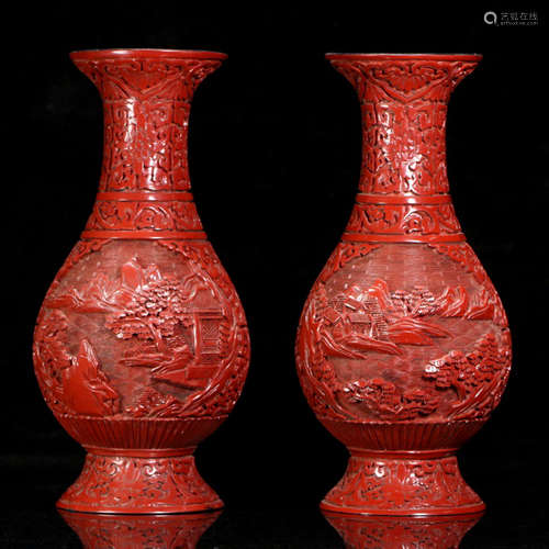 A PAIR OF LANDSCAPE CARVED RED LACQUER VASE