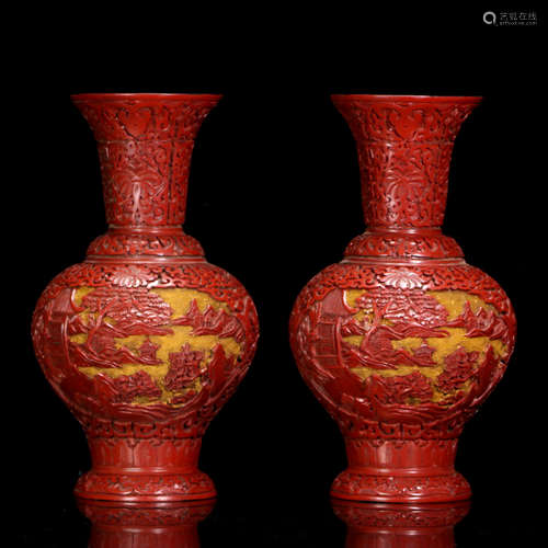 A PAIR OF LANDSCAPE CARVED RED LACQUER VASE