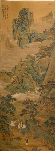 A CHINESE LANDSCAPE PAINTING SILK SCROLL TANG YIN MARK