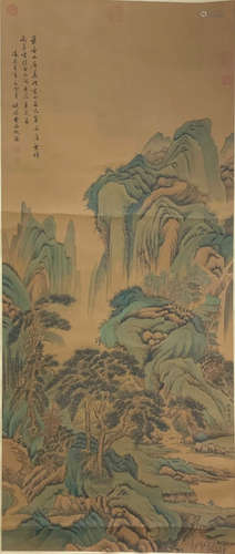 A CHINESE LANDSCAPE PAINTING SILK SCROLL QIU YING MARK