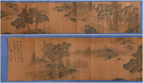 A CHINESE LANDSCAPE PAINTING SILK SCROLL WEN ZHENGMING MARK