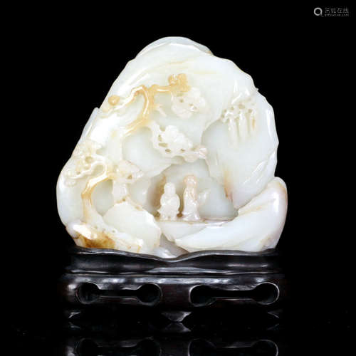 A FIGURES CARVED WHITE JADE MOUNTAIN