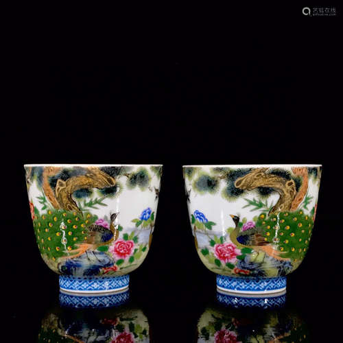 AN ENAMEL FLOWER BIRD MOTIF PORCELAIN CUP