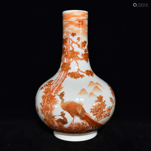 AN IRON RED FLOWER BIRD MOTIF PORCELAIN VASE