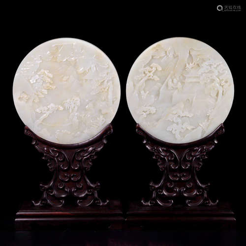 A PAIR OF LANDSCAPE FIGURE CARVED WHITE JADE TABLE SCREEN