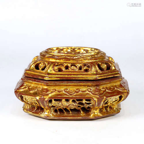 A GOLD LACQUER WOOD OPEN WORK AROMATHERAPY CENSER