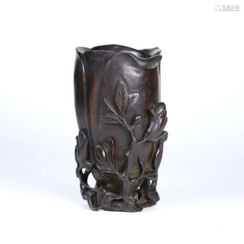 A MAGNOLIA CARVED ROSEWOOD FLOWER RECEPTACLE