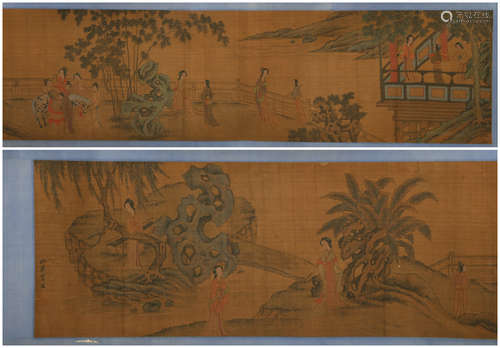 A CHINESE FIGURES PAINTING HAND SCROLL QIU YING MARK