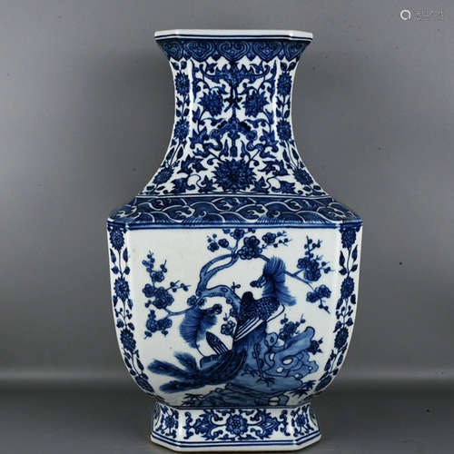 A BLUE WHITE FLOWER BIRD MOTIF PORCELAIN OCTAGONAL VASE