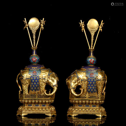 A PAIR OF GILD BRONZE CLOISONNE ENAMEL ELEPHANT ORNAMENTS