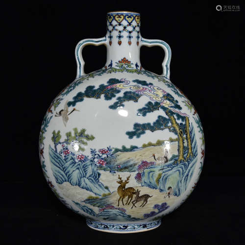 A DOUCAI LANDSCAPE DEER MOTIF TWIN EAR PORCELAIN OBLATE VASE