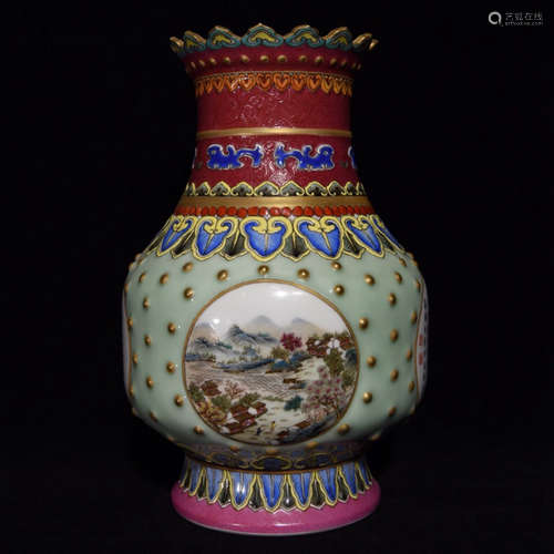 A FAMILLE ROSE LANDSCAPE PORCELAIN INSCRIBED FLOWER-MOUTH VASE