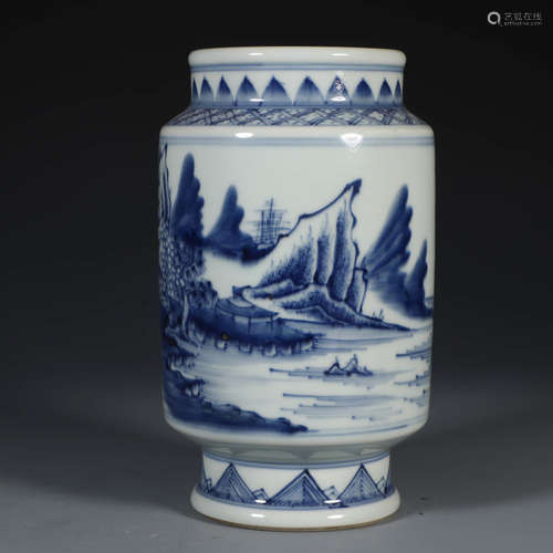 A BLUE WHITE LANDSCAPE PAVILION PORCELAIN VASE