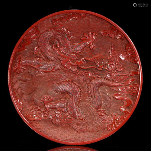 A WAVE DRAGON CARVED RED LACQUER PLATE