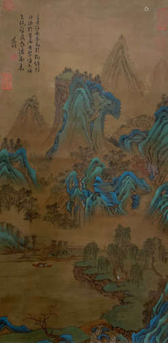 A CHINESE LANDSCAPE PAINTING SILK SCROLL WEN ZHENGMING MARK