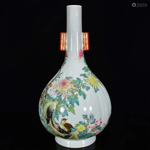 A FAMILLE ROSE FLOWER BIRD MOTIF PORCELAIN GUAN VASE