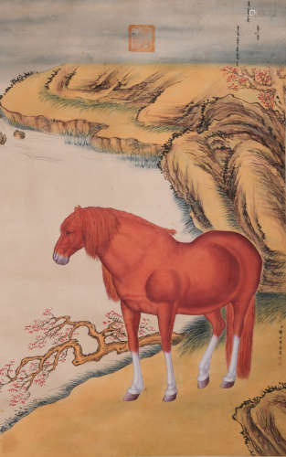 A CHINESE HORSE PAINTING LANG SHINING MARK