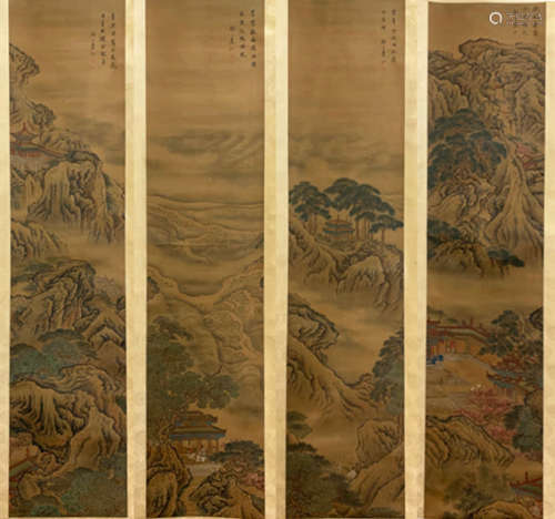 4 PIECES CHINESE LANDSCAPE PAINTING SILK SCROLL SCREENS YUAN JIANG MARK