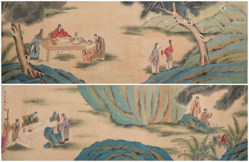 A CHINESE FIGURES PAINTING HAND SCROLL QIU YING MARK