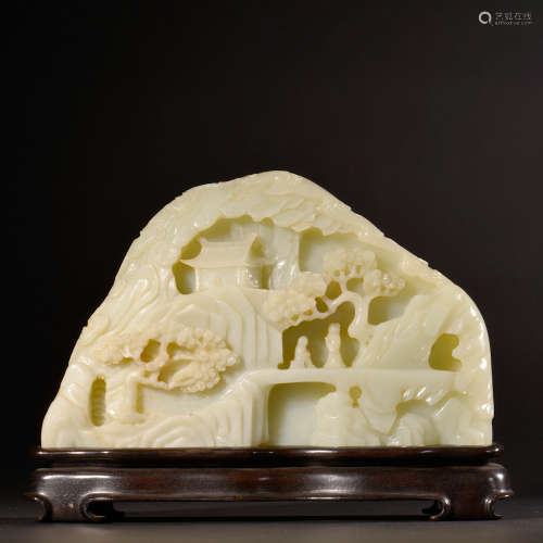A PINE & FIGURES CARVED WHITE HETIAN JADE MOUNTAIN