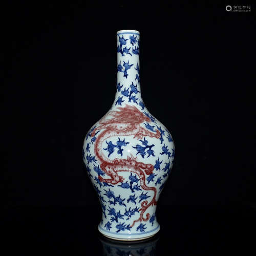 A BLUE WHITE UNDERGLAZED RED DRAGON MOTIF PORCELAIN VASE