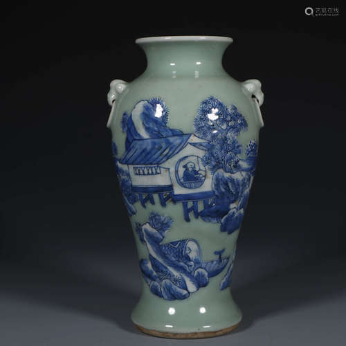 A BLUE WHITE LANDSCAPE PAVILION MOTIF PORCELAIN TWIN EAR ZUN VASE