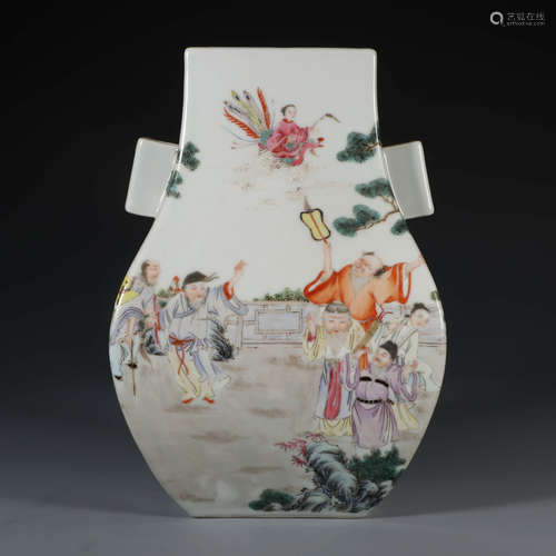 A FAMILLE ROSE FIGURES PORCELAIN TWIN EAR VASE