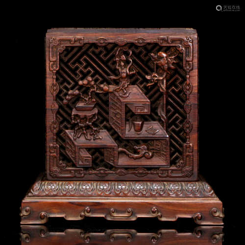 A BOGU MOTIF CARVED HUALI WOOD BOX WITH COVER