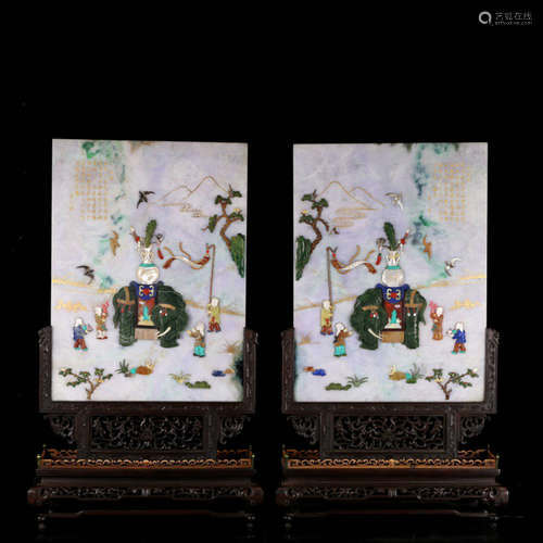 A PAIR OF GEM INLAID JADEITE TABLE SCREENS