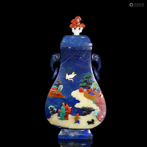 A GEM INLAID LANDSCAPE FIGURE MOTIF LAZURITE VASE