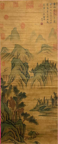 A CHINESE LANDSCAPE PAINTING SILK SCROLL SHEN ZHOU MARK