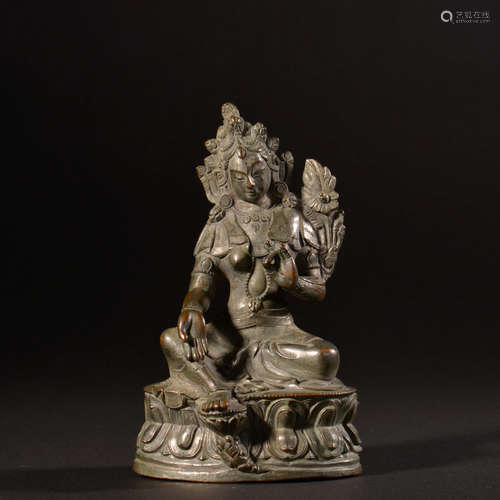 A SILVER GILDING BRONZE GREEN TARA SEATED STATUE