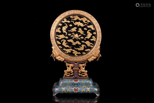 A GEM INLAID BRONZE CLOISONNE ENAMEL FLORAL LACQUER BOTTOM TABLE SCREEN