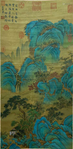 A CHINESE LANDSCAPE PAINTING SILK SCROLL FAN KUAN MARK