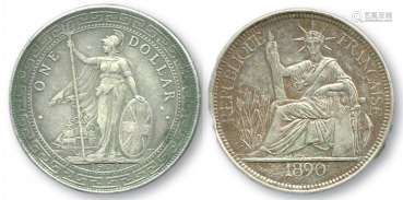 清，坐站洋银圆一组两枚，1909年英国站洋壹圆、1890年法属坐洋壹圆各一枚。