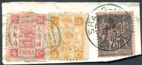 1896年贴万寿4分银、5分银及法国客邮实用剪片一件，分盖海关“天津”汉文戳、上海法国客邮戳。保存完好。