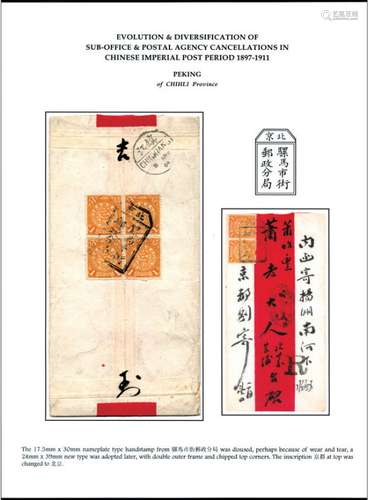 1904年京都寄扬州挂号印刷品红条封，贴蟠龙1分六枚盖“北京骡马市街邮政分局”碑型戳，另盖北京邮政局4月4日英汉椭圆戳及“R”挂号戳，有镇江4月9日到戳。带展页。