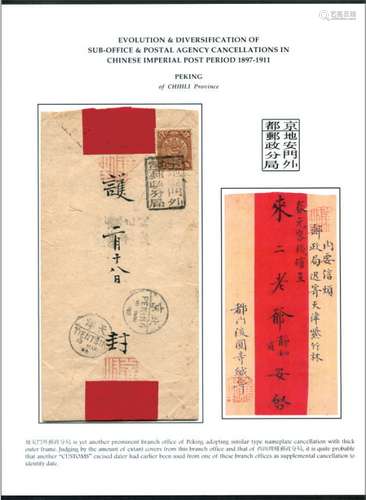 1900年北京寄天津，盖“京都地安门外邮政分局”碑型戳红条封一件，另盖北京、天津英汉半切小圆戳。带展页。