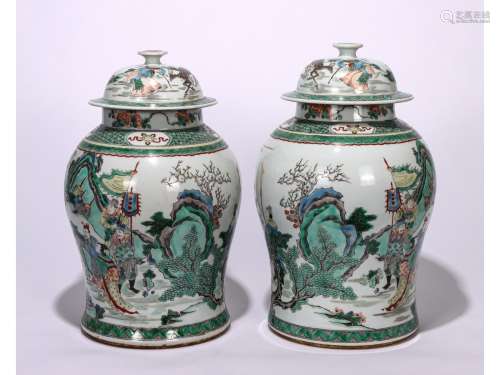 A PAIR OF FAMILLE VERET JAR AND COVER, KANGXI MARK