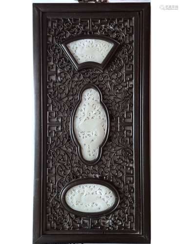 A PAIR OF ZITAN INLAID JADE PANEL