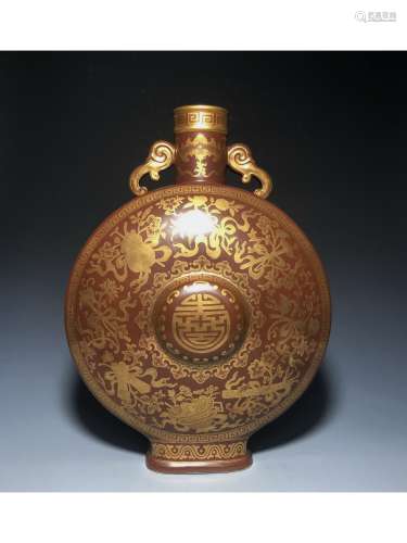 A GILT DECORATED BROWN MOON-FLASK VASE, QIANLONG MARK